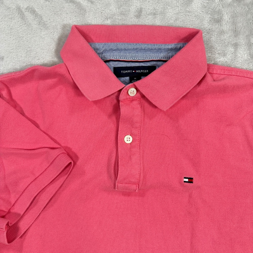 Tommy Hilfiger Shirt Mens M Y2K Custom Fit Pink Short Sleeve Pique Polo Preppy